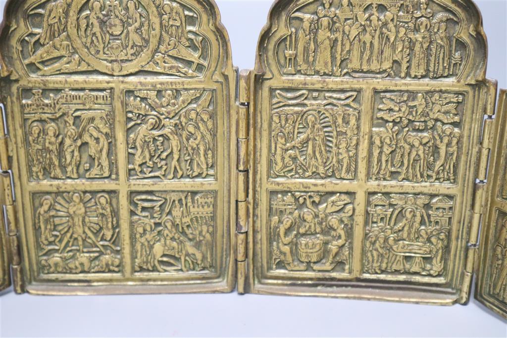 An early 19th century Russian four-section cast brass travelling icon,